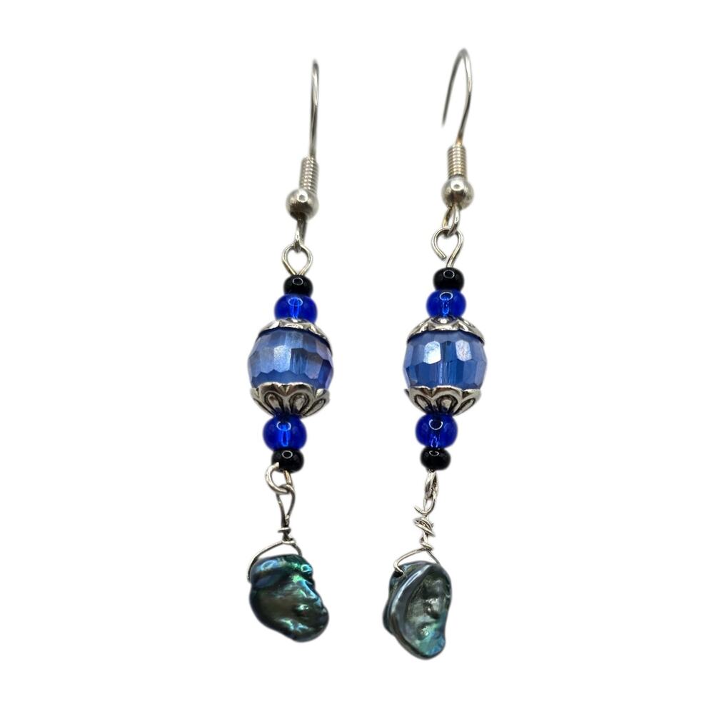 Pierced Earrings Baroque Pearl Sterling Silver Accent Blue Beads Artisan SKU2795